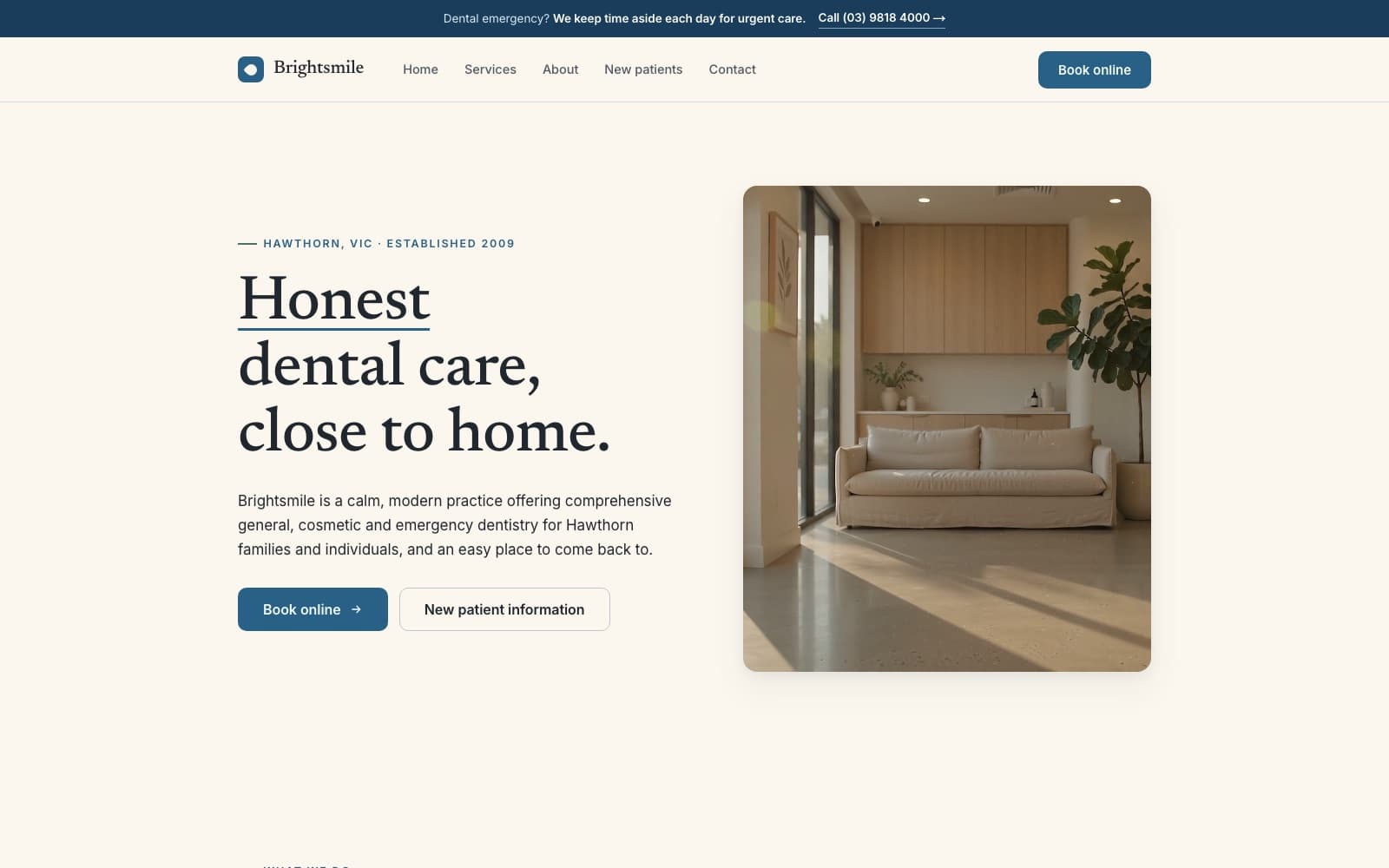 A dental clinic website built by Elevate, showing the booking-focused homepage layout.